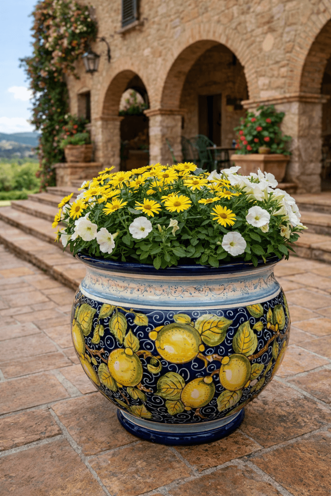 Pot en céramique toscan bleu foncé décoré de citrons peints à la main